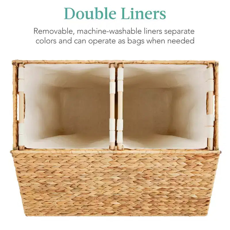 Panier double à linge en jacinthe d'eau naturelle/noire/grise/espresso avec sacs de doublure pour 1