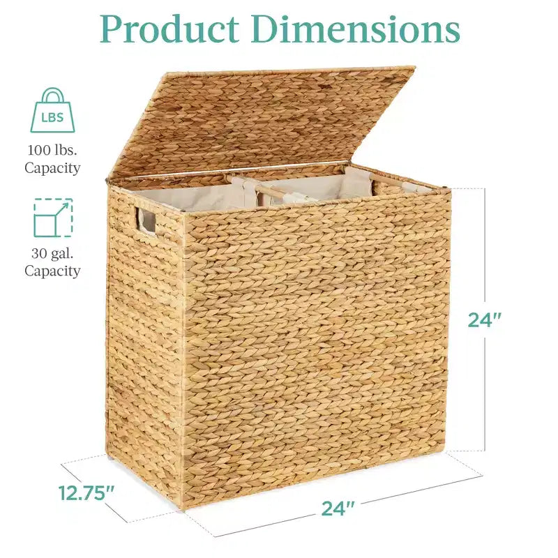 Panier double à linge en jacinthe d'eau naturelle/noire/grise/espresso avec sacs de doublure pour 1