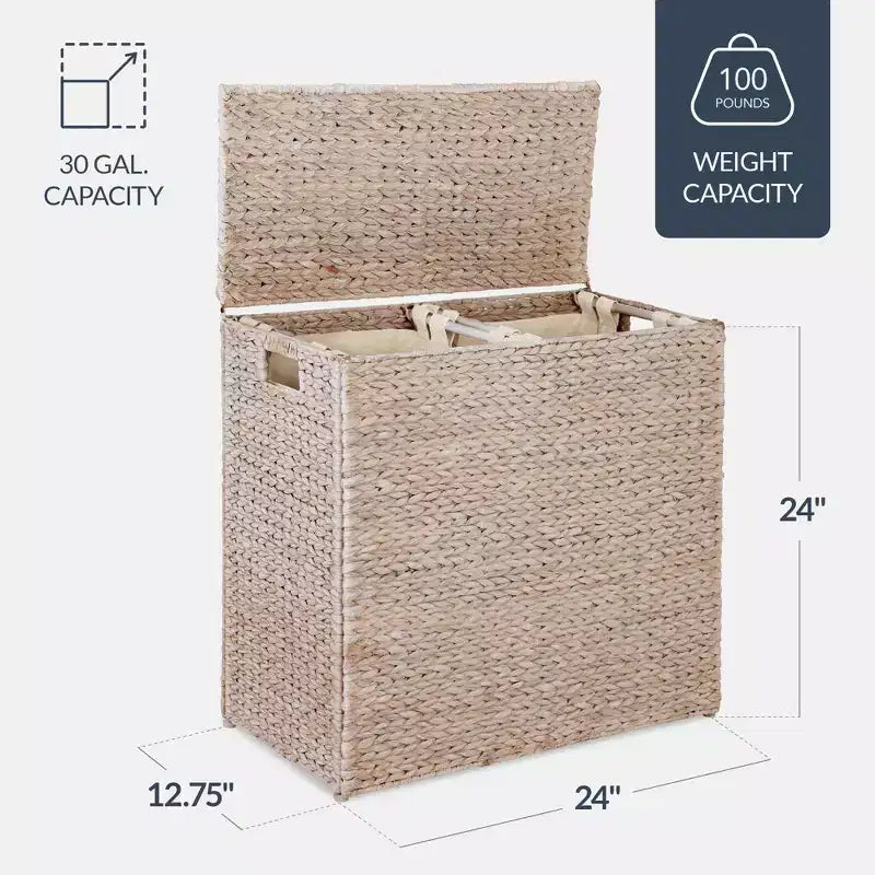 Panier double à linge en jacinthe d'eau naturelle/noire/grise/espresso avec sacs de doublure pour 1