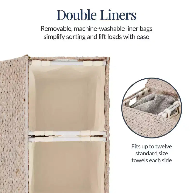 Panier double à linge en jacinthe d'eau naturelle/noire/grise/espresso avec sacs de doublure pour 1