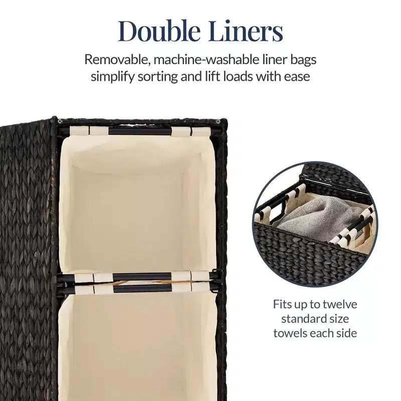 Panier double à linge en jacinthe d'eau naturelle/noire/grise/espresso avec sacs de doublure pour 1