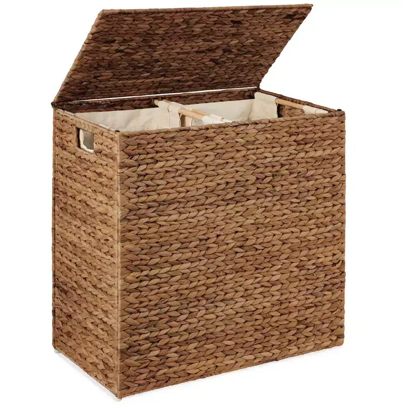 Panier double à linge en jacinthe d'eau naturelle/noire/grise/espresso avec sacs de doublure pour 1