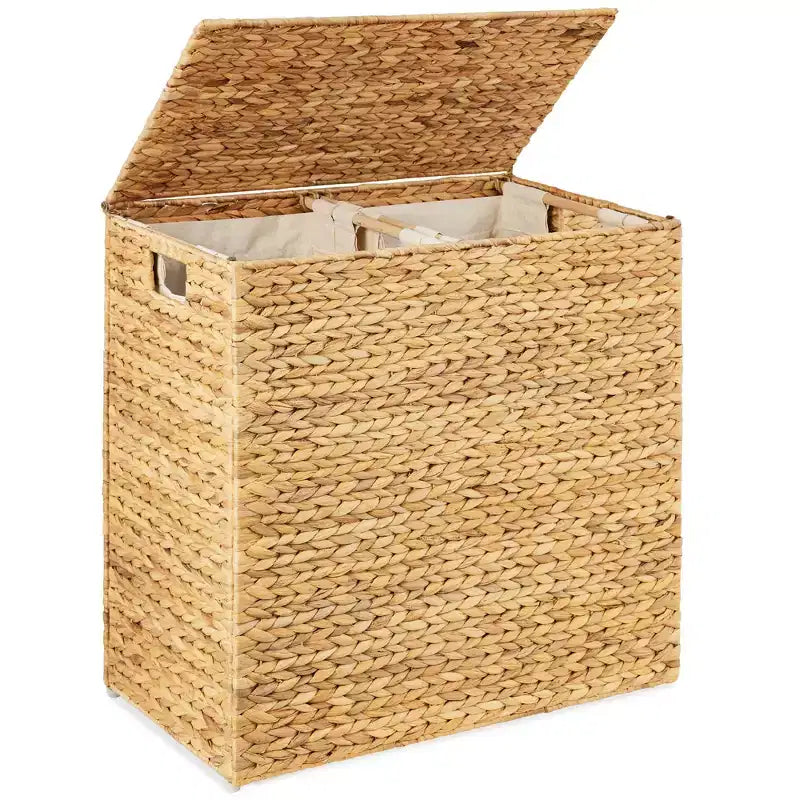 Panier double à linge en jacinthe d'eau naturelle/noire/grise/espresso avec sacs de doublure pour 1