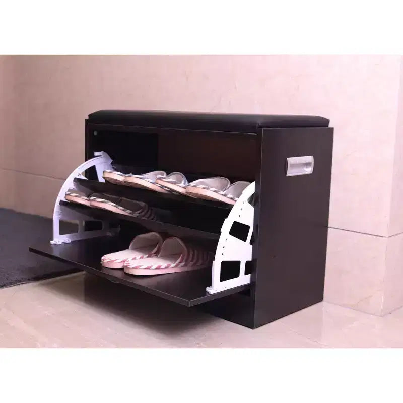 Banc de rangement pour chaussures en bois noir avec coussin en cuir et étagère dépliante pour 2