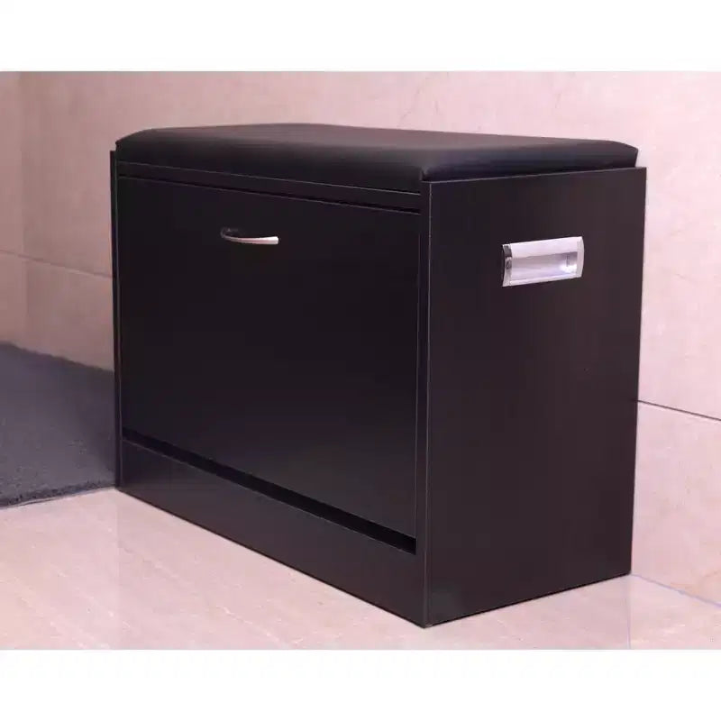 Banc de rangement pour chaussures en bois noir avec coussin en cuir et étagère dépliante pour 2