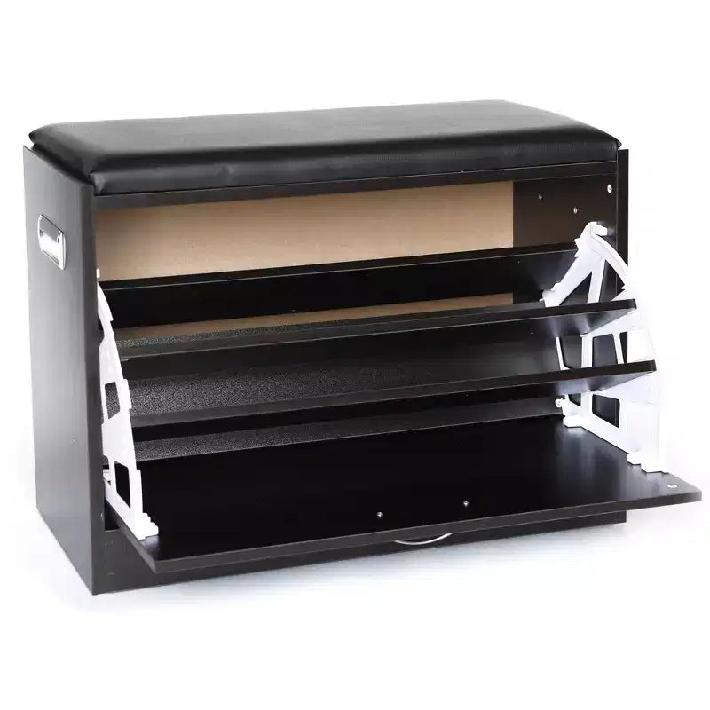 Banc de rangement pour chaussures en bois noir avec coussin en cuir et étagère dépliante pour 2