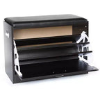 Banc de rangement pour chaussures en bois noir avec coussin en cuir et étagère dépliante pour 2