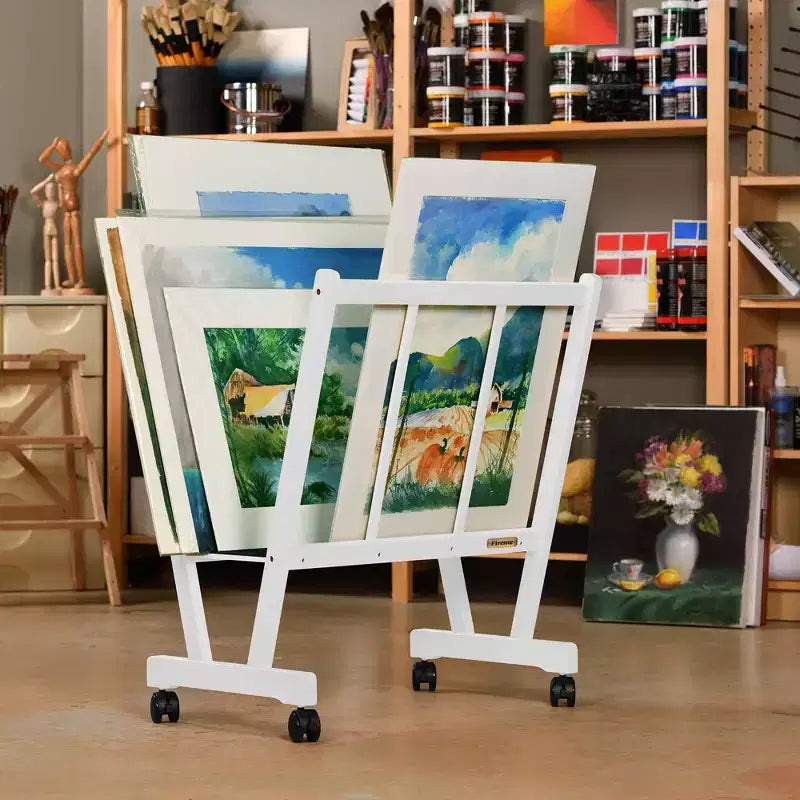 Meuble de rangement pour impressions artistiques en bois noir/naturel/noyer/blanc avec roulettes pour 1