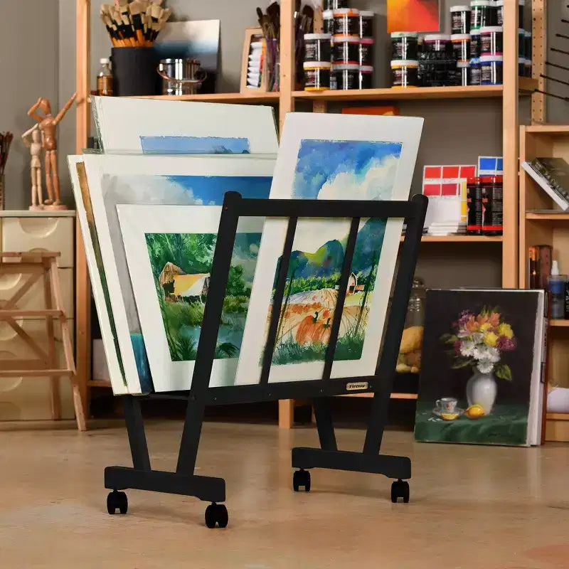 Meuble de rangement pour impressions artistiques en bois noir/naturel/noyer/blanc avec roulettes pour 1