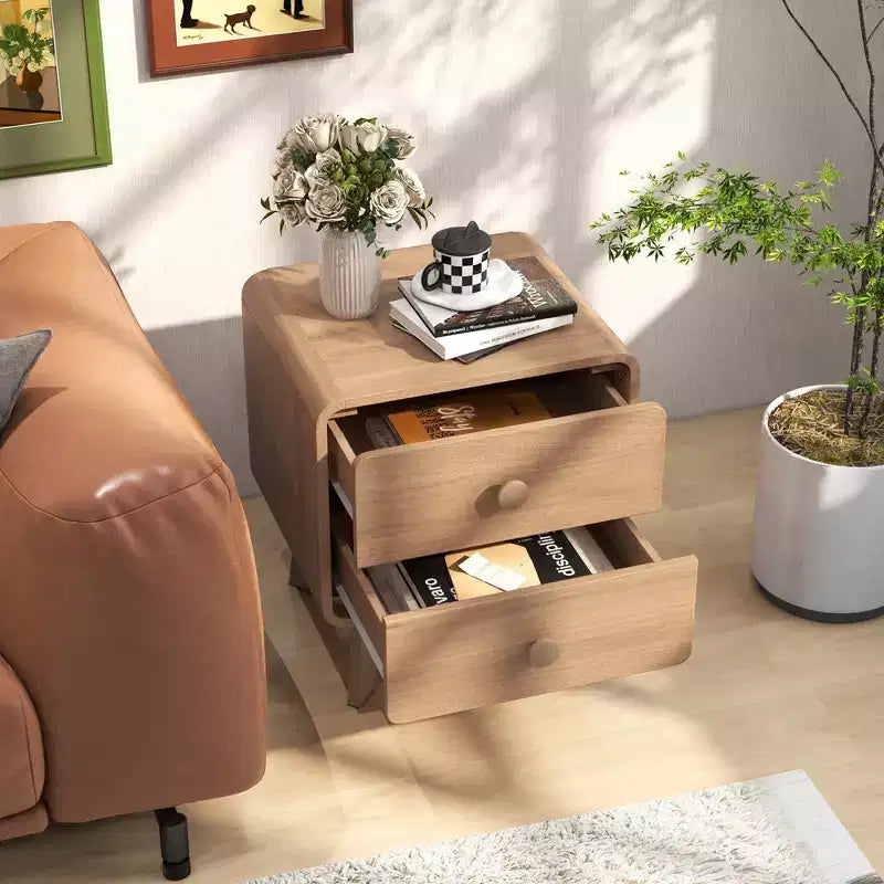 Table de chevet marron à 2 tiroirs avec pieds en bois d'hévéa pour 1