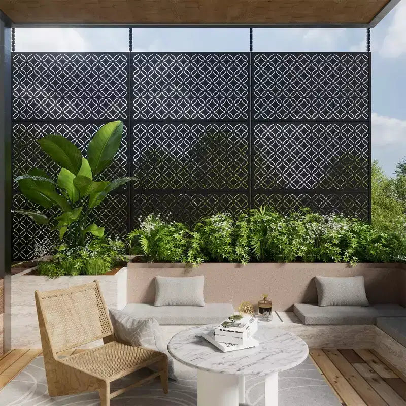 Brise-vue extérieur en acier galvanisé noir/blanc avec motif floral pour 1