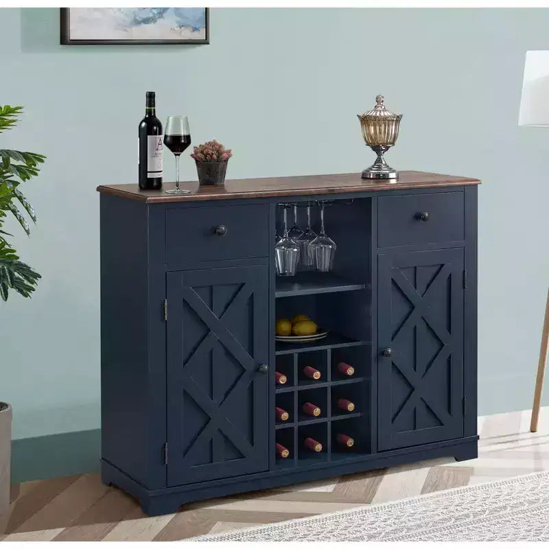 Meuble de bar en bois gris/bleu marine/blanc cassé avec portes en verre et rangement pour 1 bouteille de vin