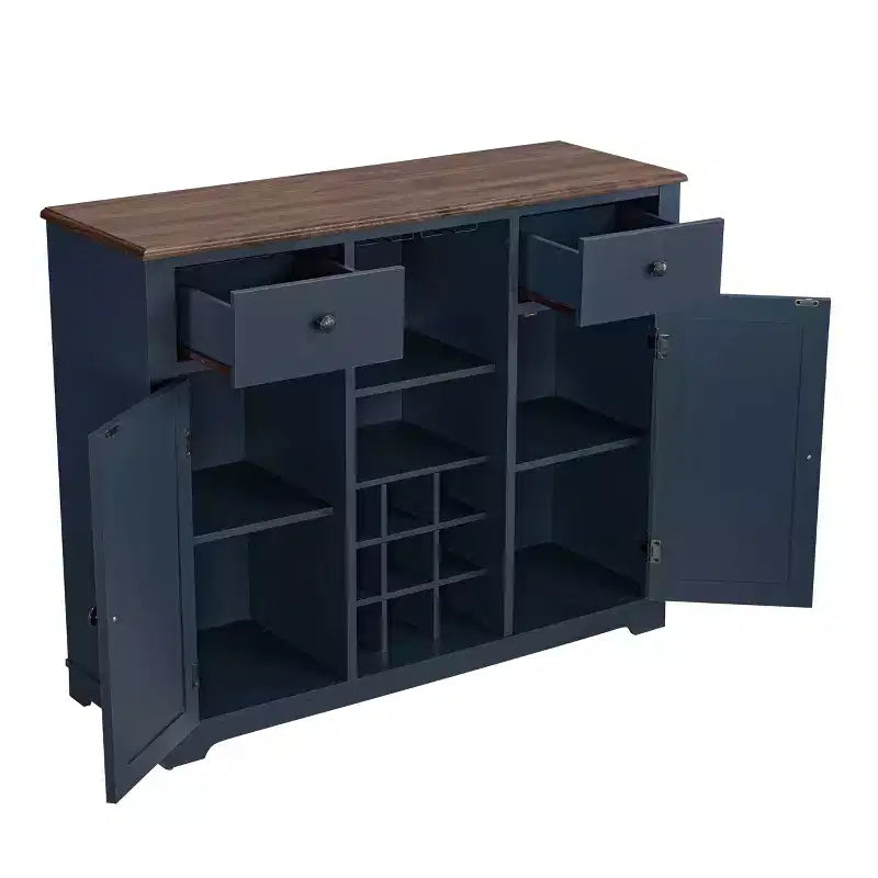 Meuble de bar en bois gris/bleu marine/blanc cassé avec portes en verre et rangement pour 1 bouteille de vin