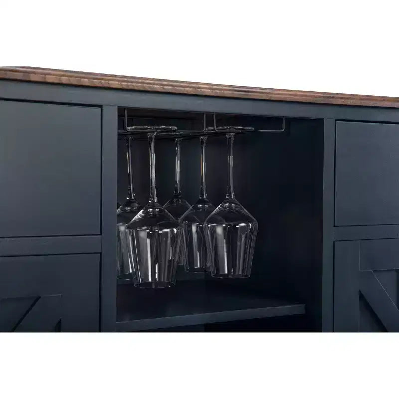 Meuble de bar en bois gris/bleu marine/blanc cassé avec portes en verre et rangement pour 1 bouteille de vin