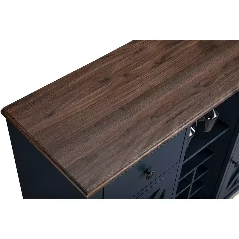 Meuble de bar en bois gris/bleu marine/blanc cassé avec portes en verre et rangement pour 1 bouteille de vin