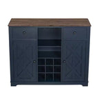 Meuble de bar en bois gris/bleu marine/blanc cassé avec portes en verre et rangement pour 1 bouteille de vin
