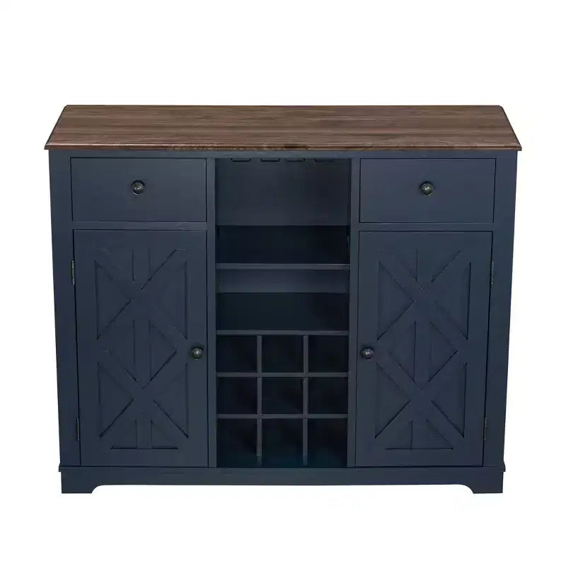 Meuble de bar en bois gris/bleu marine/blanc cassé avec portes en verre et rangement pour 1 bouteille de vin