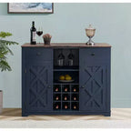 Meuble de bar en bois gris/bleu marine/blanc cassé avec portes en verre et rangement pour 1 bouteille de vin