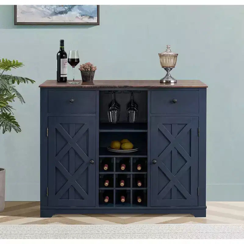 Meuble de bar en bois gris/bleu marine/blanc cassé avec portes en verre et rangement pour 1 bouteille de vin