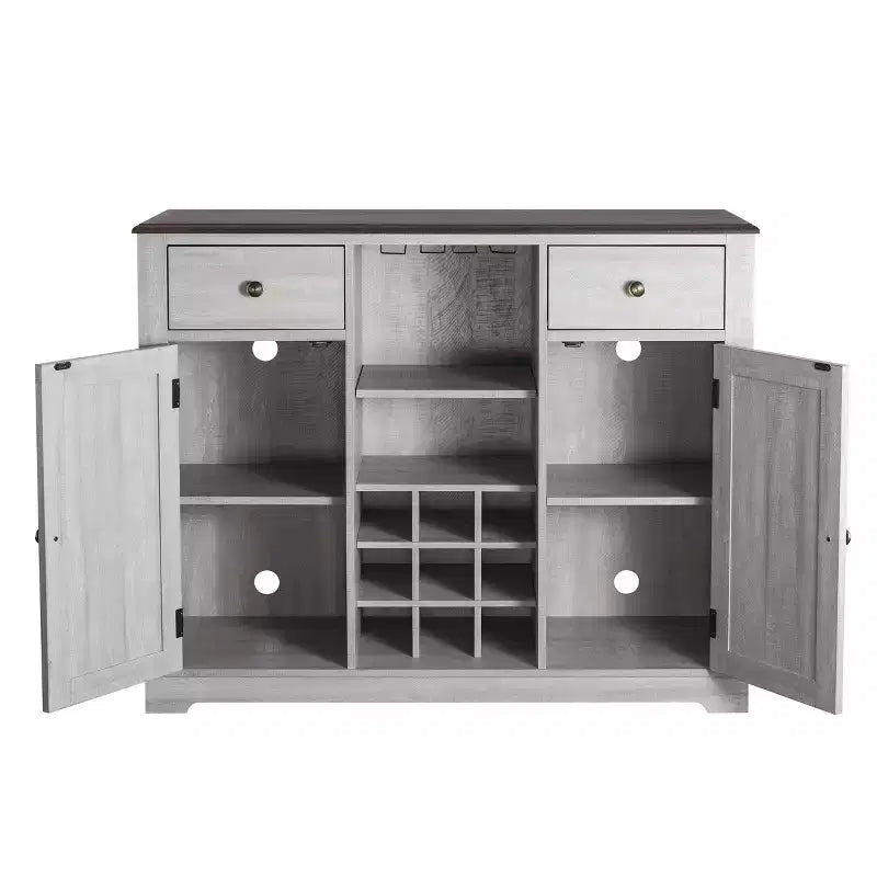 Meuble de bar en bois gris/bleu marine/blanc cassé avec portes en verre et rangement pour 1 bouteille de vin
