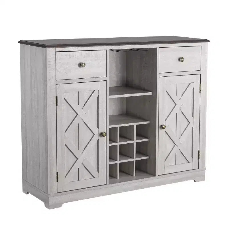 Meuble de bar en bois gris/bleu marine/blanc cassé avec portes en verre et rangement pour 1 bouteille de vin
