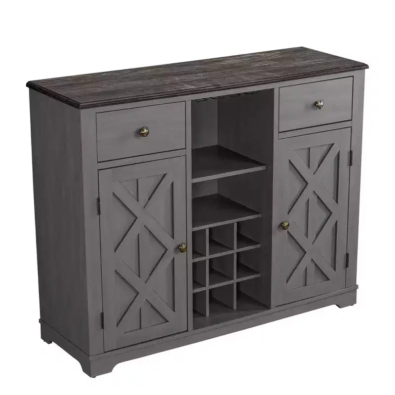 Meuble de bar en bois gris/bleu marine/blanc cassé avec portes en verre et rangement pour 1 bouteille de vin