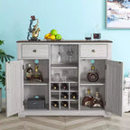 Meuble de bar en bois gris/bleu marine/blanc cassé avec portes en verre et rangement pour 1 bouteille de vin