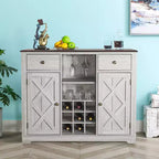 Meuble de bar en bois gris/bleu marine/blanc cassé avec portes en verre et rangement pour 1 bouteille de vin