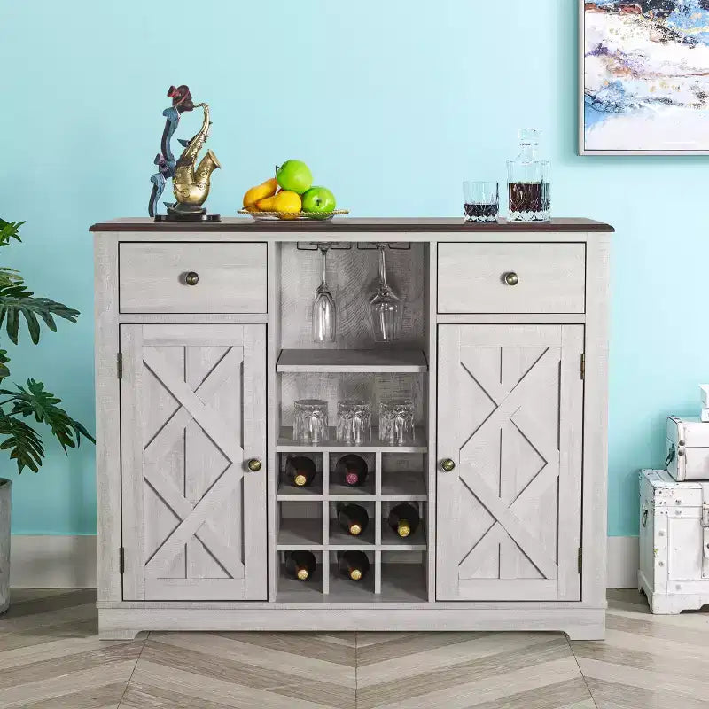 Meuble de bar en bois gris/bleu marine/blanc cassé avec portes en verre et rangement pour 1 bouteille de vin