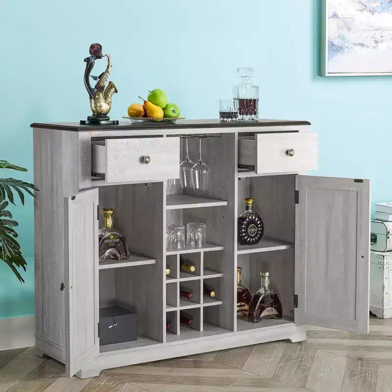 Meuble de bar en bois gris/bleu marine/blanc cassé avec portes en verre et rangement pour 1 bouteille de vin