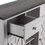 Meuble de bar en bois gris/bleu marine/blanc cassé avec portes en verre et rangement pour 1 bouteille de vin