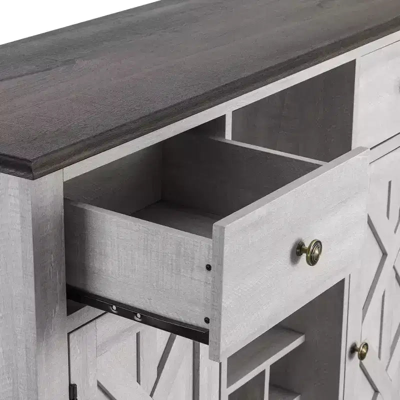 Meuble de bar en bois gris/bleu marine/blanc cassé avec portes en verre et rangement pour 1 bouteille de vin