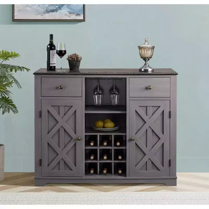 Meuble de bar en bois gris/bleu marine/blanc cassé avec portes en verre et rangement pour 1 bouteille de vin