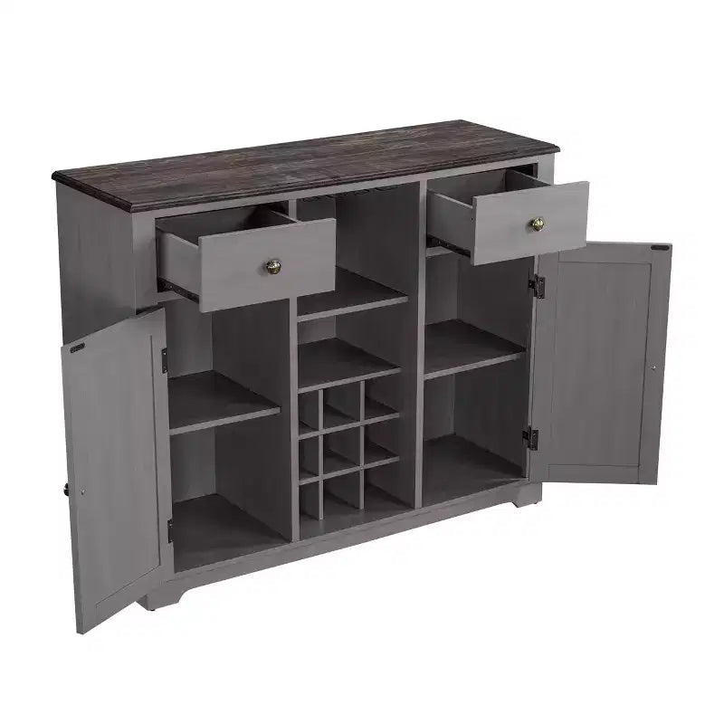 Meuble de bar en bois gris/bleu marine/blanc cassé avec portes en verre et rangement pour 1 bouteille de vin