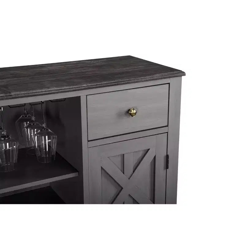 Meuble de bar en bois gris/bleu marine/blanc cassé avec portes en verre et rangement pour 1 bouteille de vin