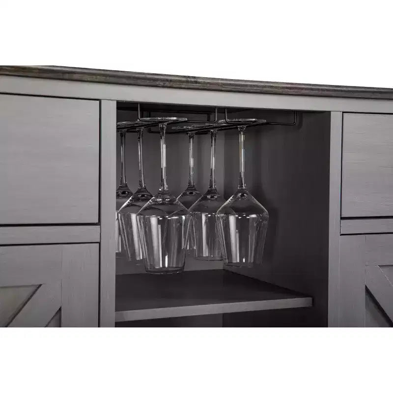 Meuble de bar en bois gris/bleu marine/blanc cassé avec portes en verre et rangement pour 1 bouteille de vin