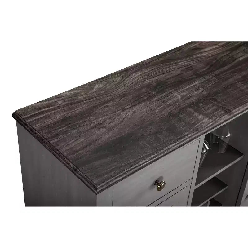 Meuble de bar en bois gris/bleu marine/blanc cassé avec portes en verre et rangement pour 1 bouteille de vin