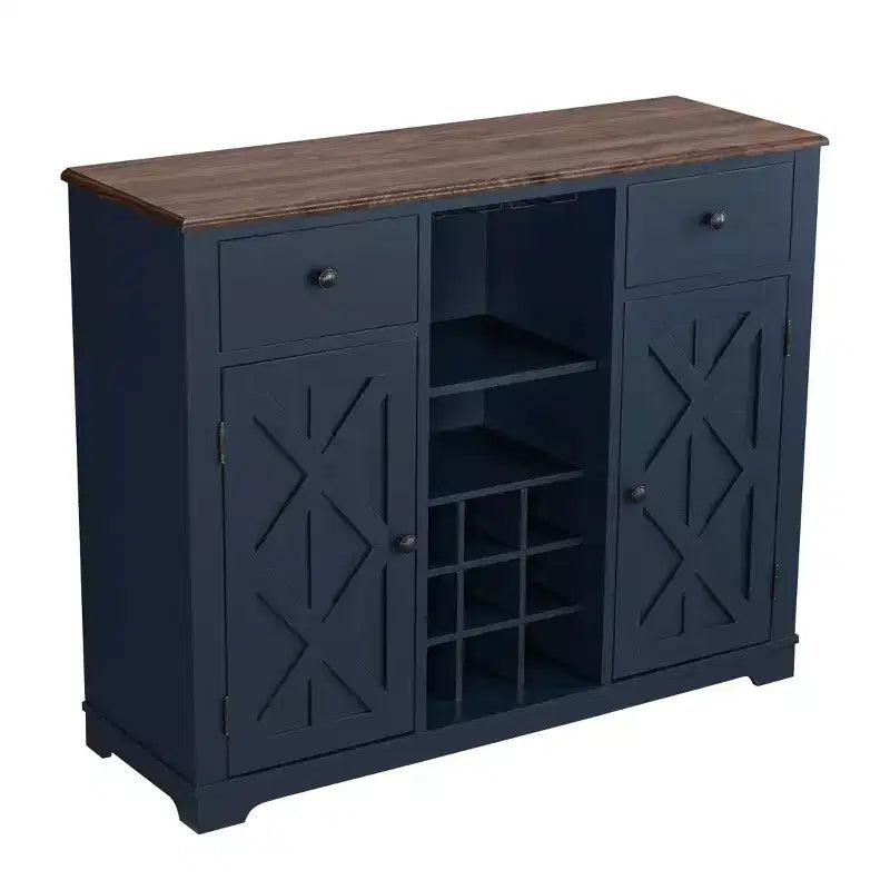Meuble de bar en bois gris/bleu marine/blanc cassé avec portes en verre et rangement pour 1 bouteille de vin