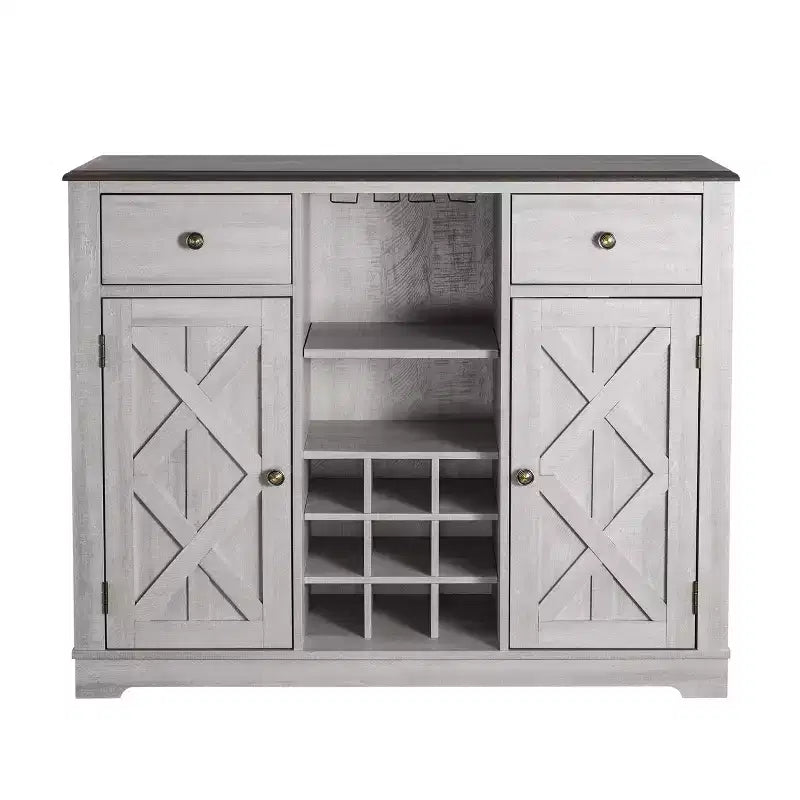 Meuble de bar en bois gris/bleu marine/blanc cassé avec portes en verre et rangement pour 1 bouteille de vin