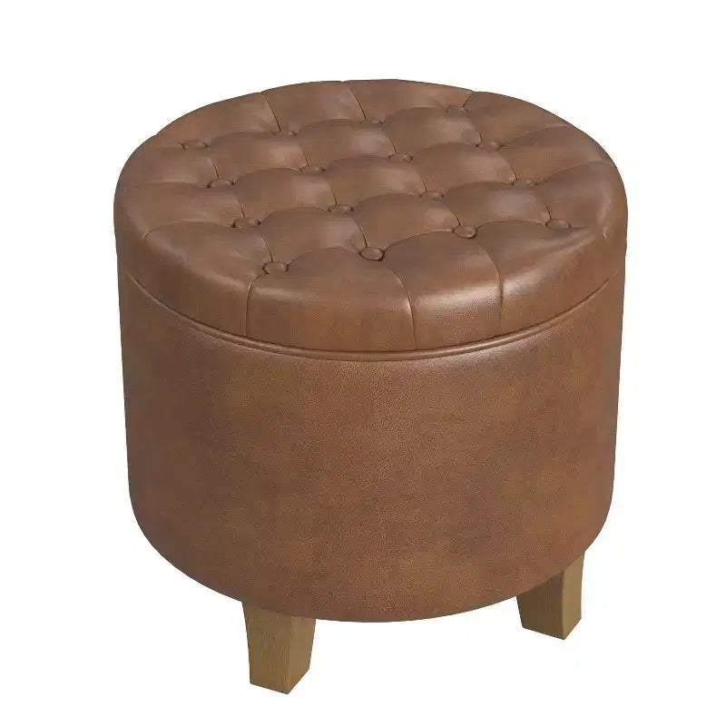 Ottoman de rangement rond capitonné en similicuir noir/marron pour 1 personne