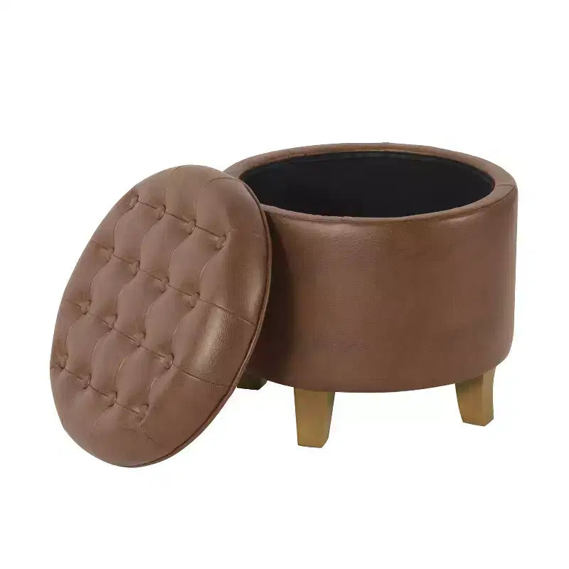 Ottoman de rangement rond capitonné en similicuir noir/marron pour 1 personne
