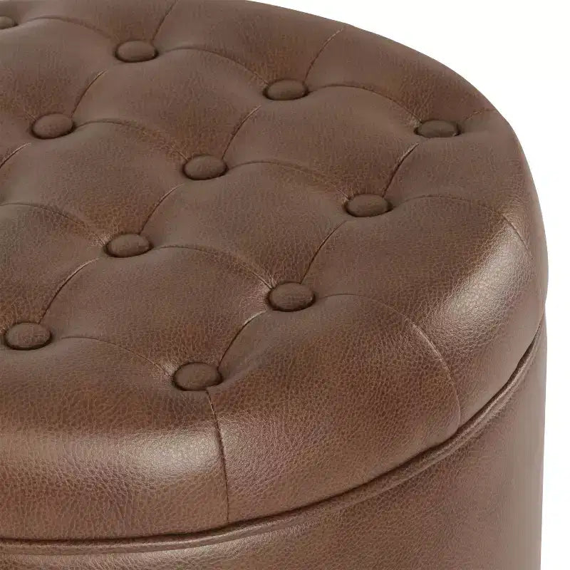 Ottoman de rangement rond capitonné en similicuir noir/marron pour 1 personne