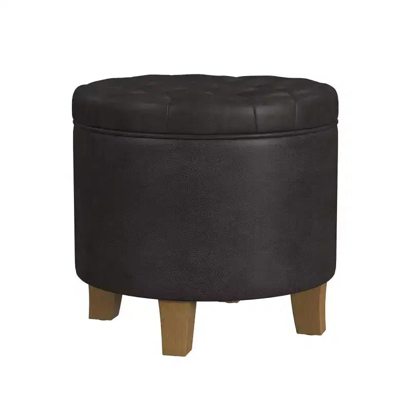 Ottoman de rangement rond capitonné en similicuir noir/marron pour 1 personne