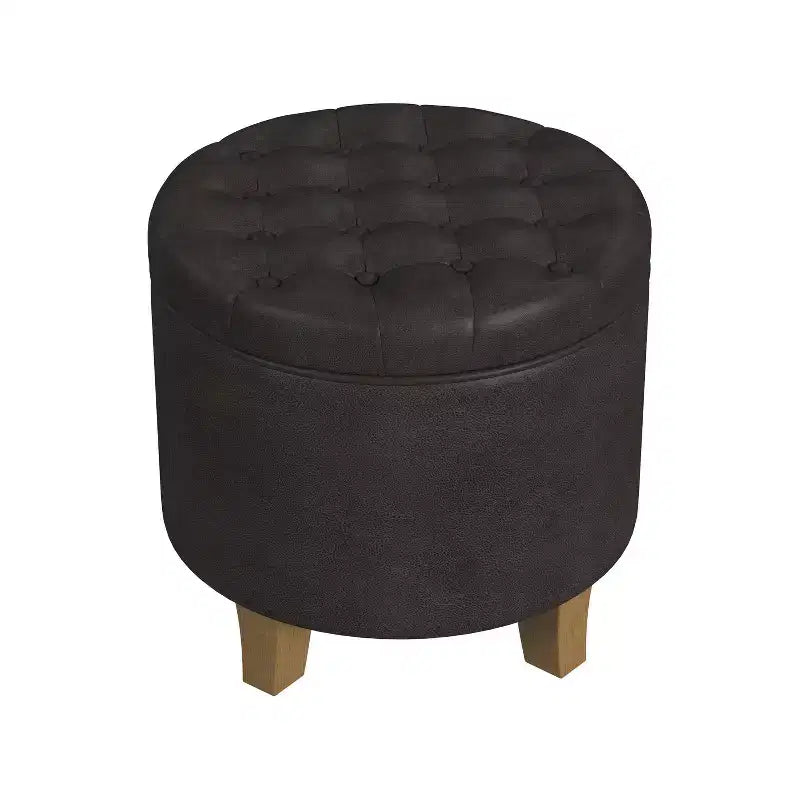 Ottoman de rangement rond capitonné en similicuir noir/marron pour 1 personne