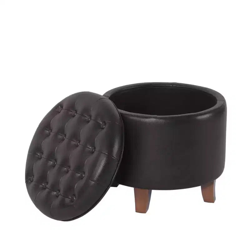 Ottoman de rangement rond capitonné en similicuir noir/marron pour 1 personne
